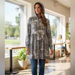 BeBop XS Dress Babydoll Hoodie Tie Dye Blue Gray Casual Pullover Long Sleeve